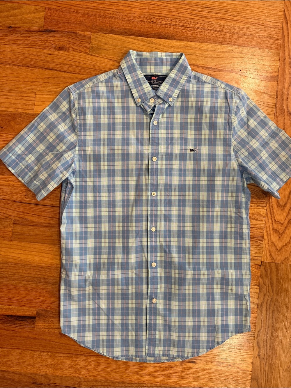 Vineyard Vines Light Blue, pink and White Plaid Short-Sleeve Button-Down, medium